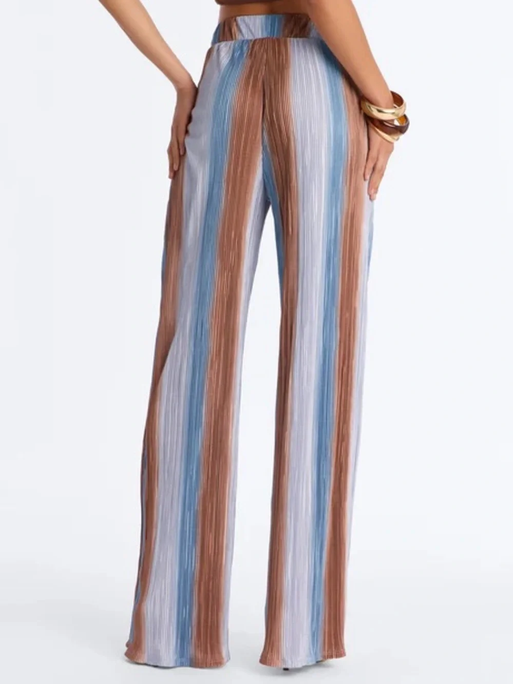 Pleated Wide Leg Plisse Pants Blue Brown Striped High Waist Flowy Resort Pants